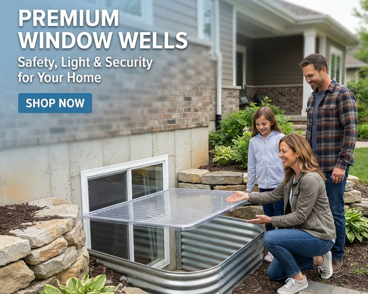 A family beside a galvanized window well fitted with a clear polycarbonate cover